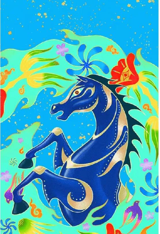 苹果推出的马年春节壁纸挺有看头。设计上，它走简约大气国风路线，一匹蓝色骏马奔腾在