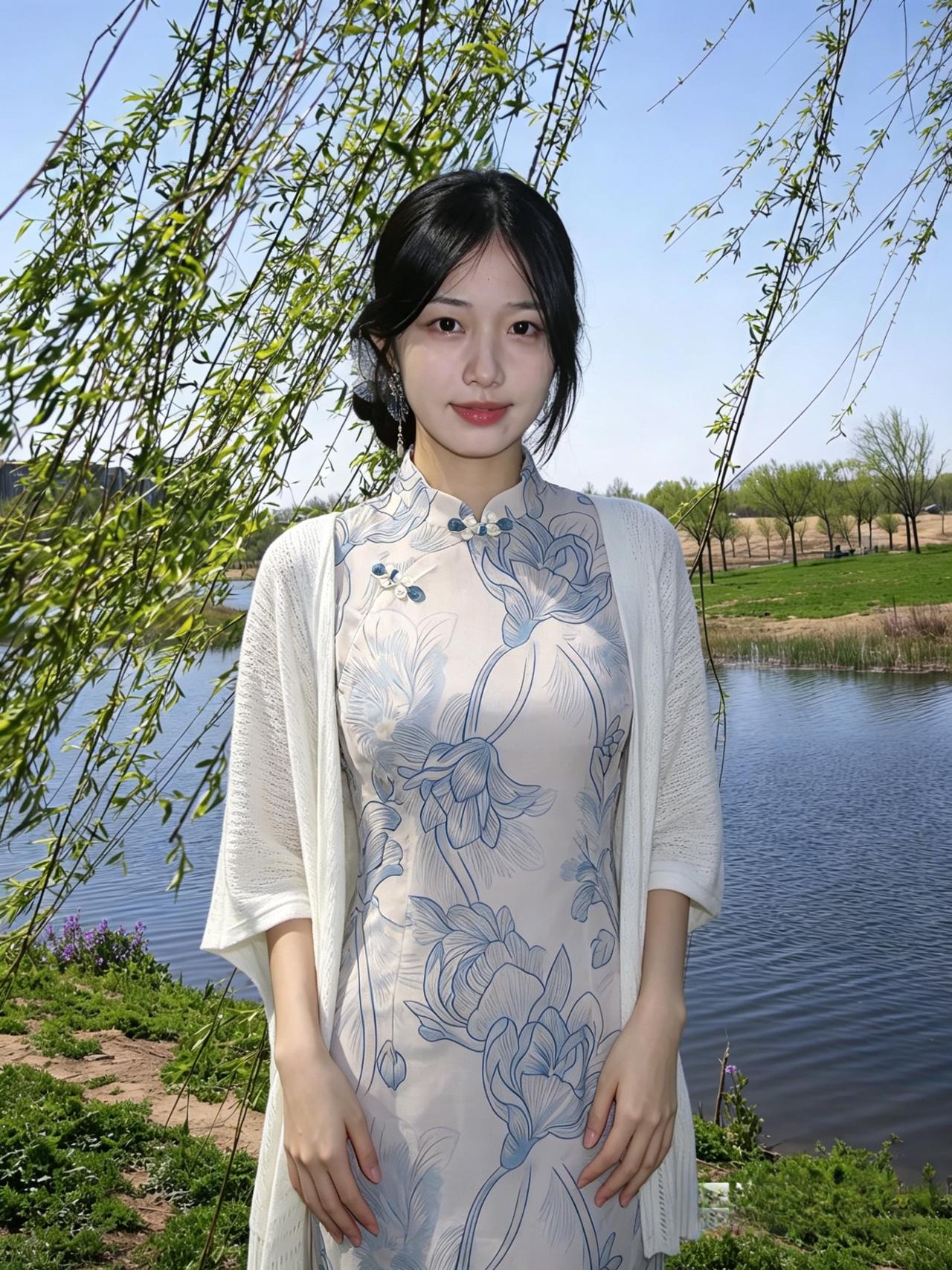 青荷暗绣染旗袍，柳色垂丝拂碧潮。
临水嫣然人独立，清姿雅致胜春韶。