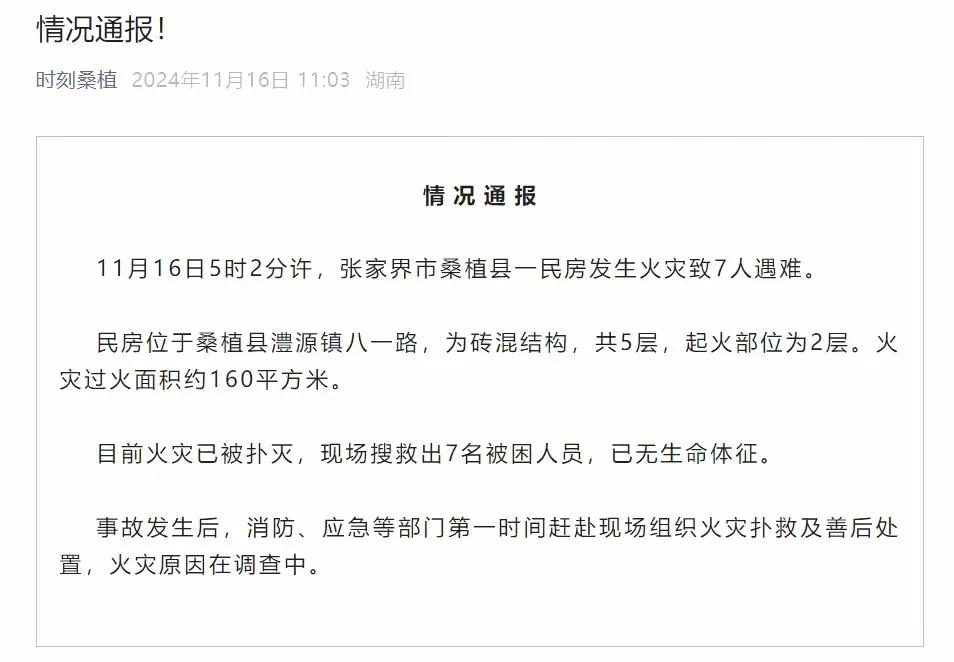 真惨！一场大火让7人永远失去了生命，11月16日5时2分许，张家界市桑植县一民房