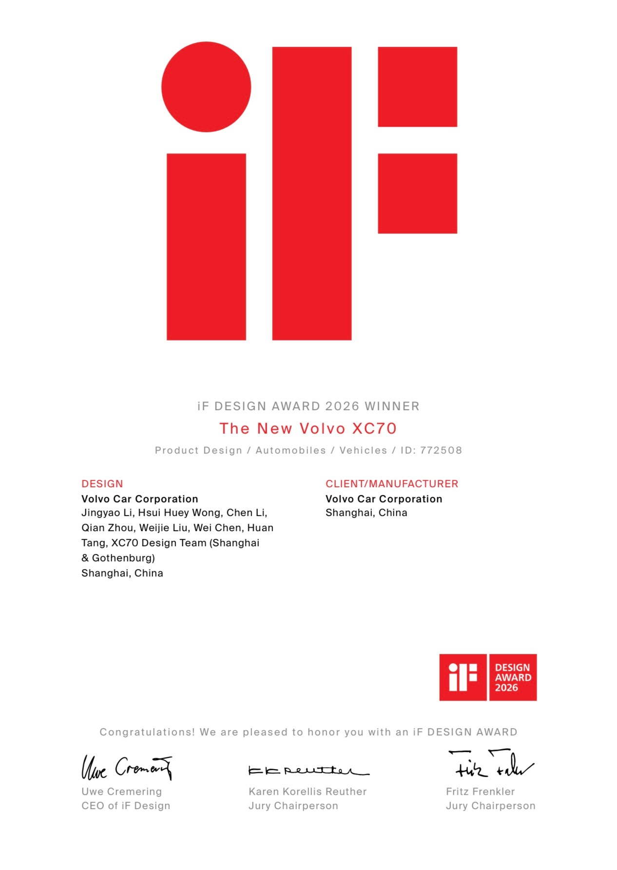 沃尔沃XC70获两项iF设计大奖在刚刚揭晓的2026年iF设计大奖评选中，沃尔沃