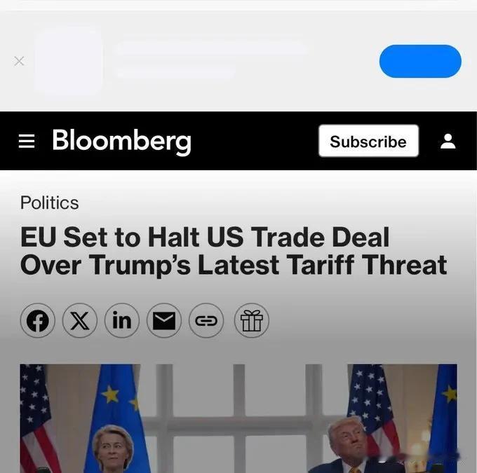 突发重磅：欧盟准备暂停与美国的贸易协议，此前川普总统发出关税威胁。