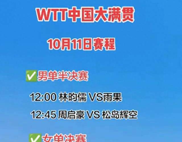 WTT中国大满贯今日收官！10月11日赛程：国乒冲2冠，周启豪战强敌