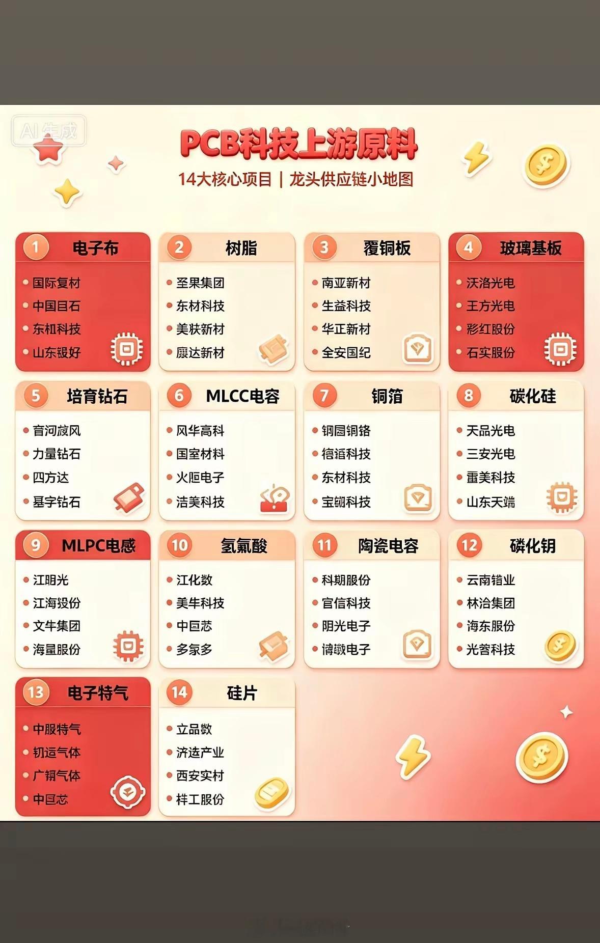 PCB科技上游原料14大核心项目盘点。PCB科技在电子领域可是相当关键，其上游原