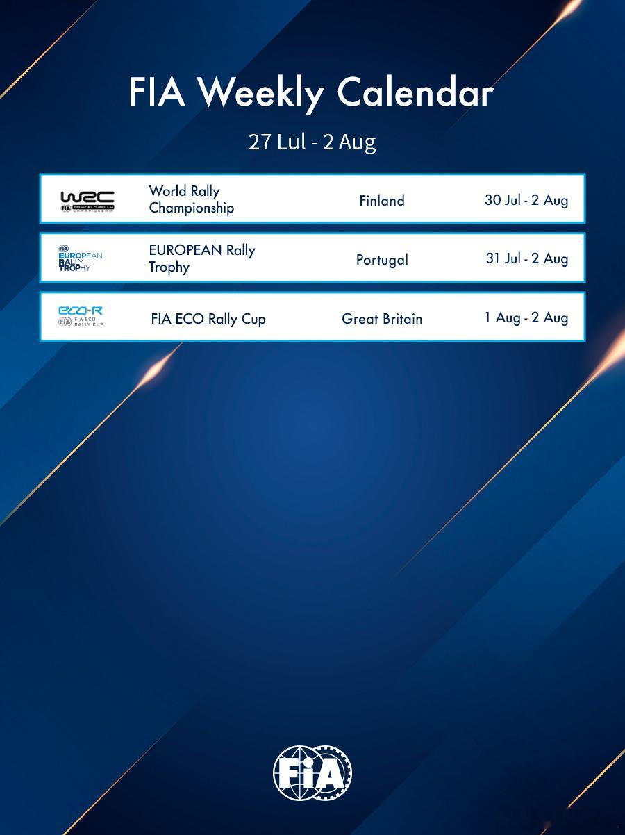 FIA国际赛历：本周赛事（7月27日 - 8月2日）FIA