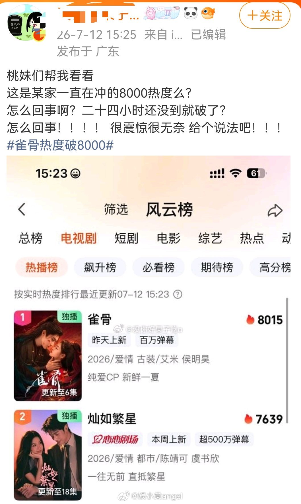 雀骨热度破8000就这么喜欢拿现偶跟古偶比吗 知道虞书欣很厉害了