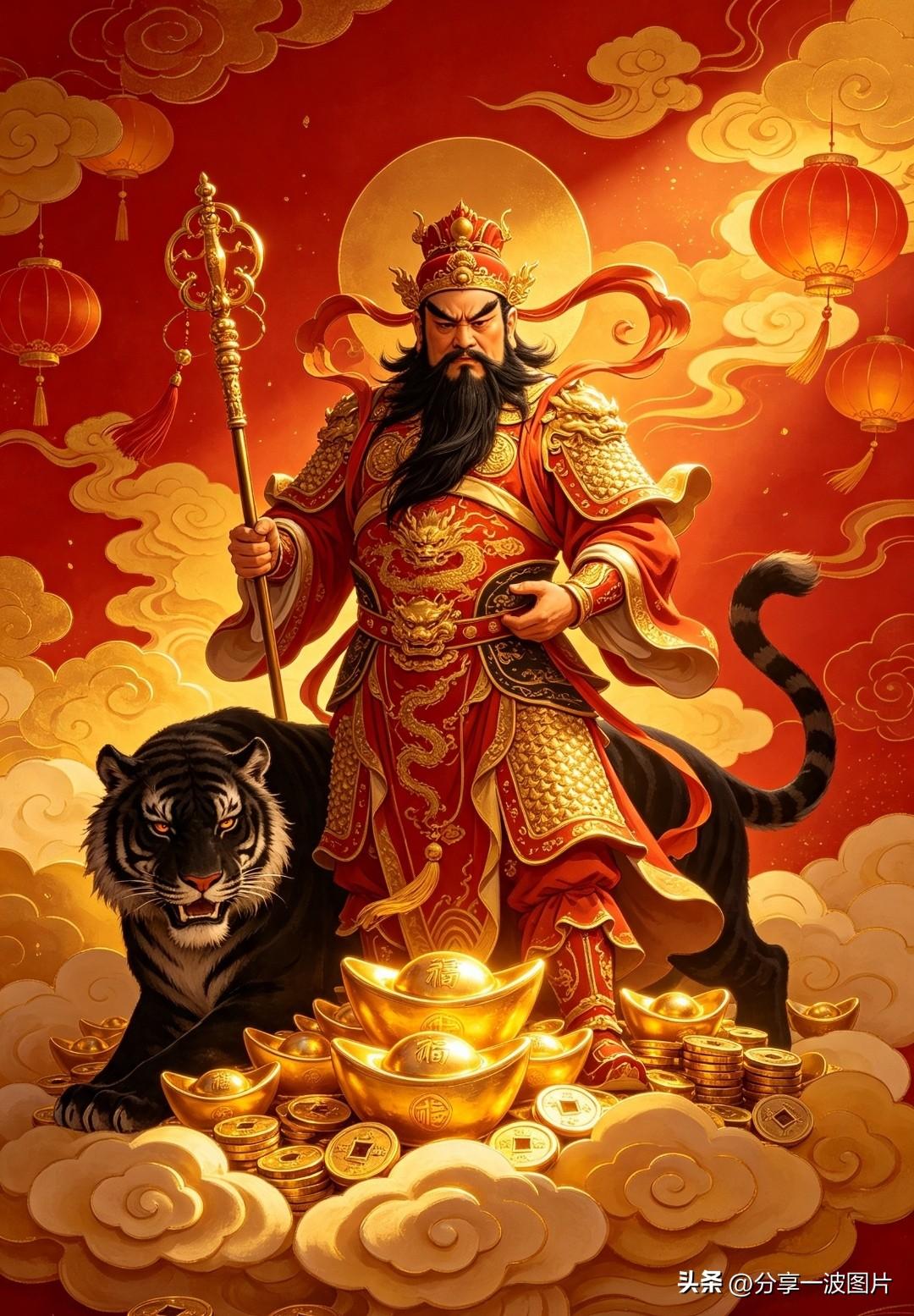 武财神踏云而来，黑虎镇守财库。
求财先求正，做事先存善。
财不是凭空而来，而是踏