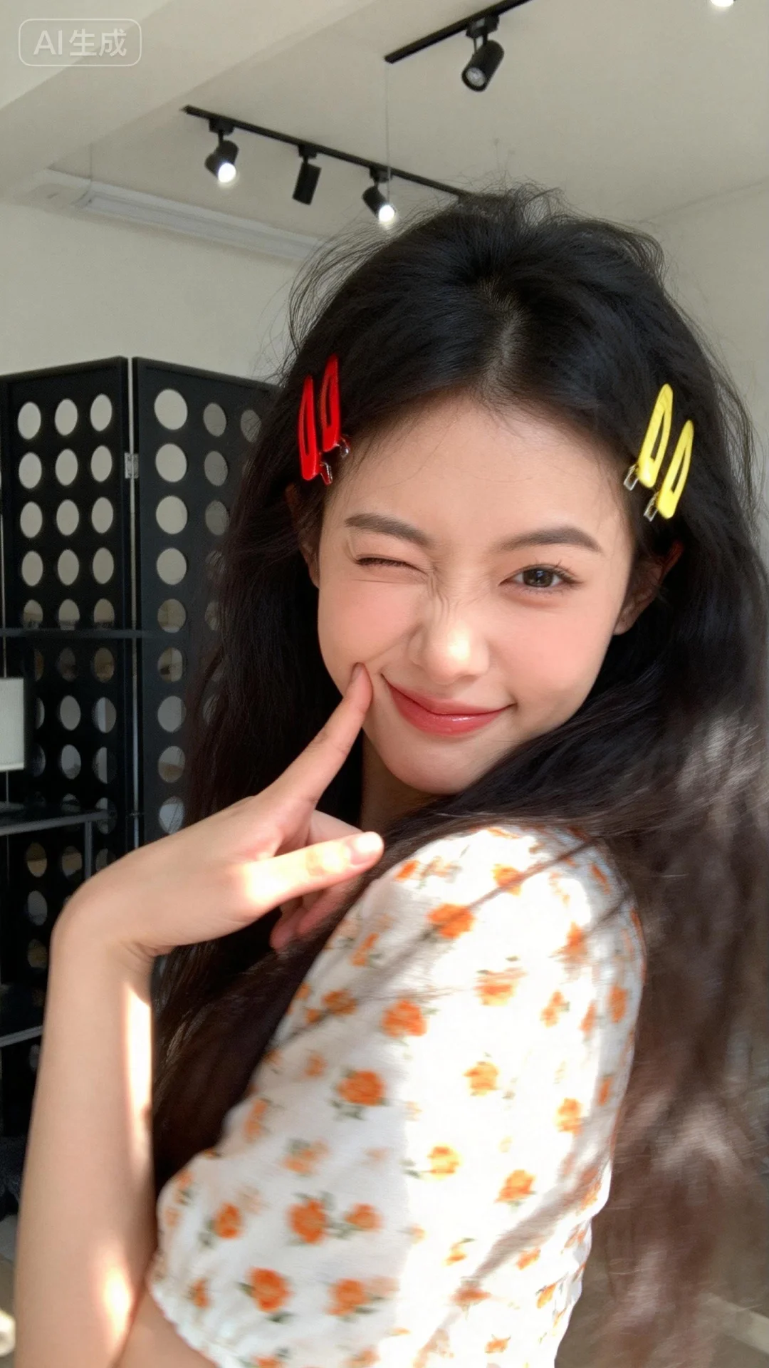 主体与细节 - 人物：长发女性，头发黑色，发丝随意自然，发间别着红色和黄色的发卡