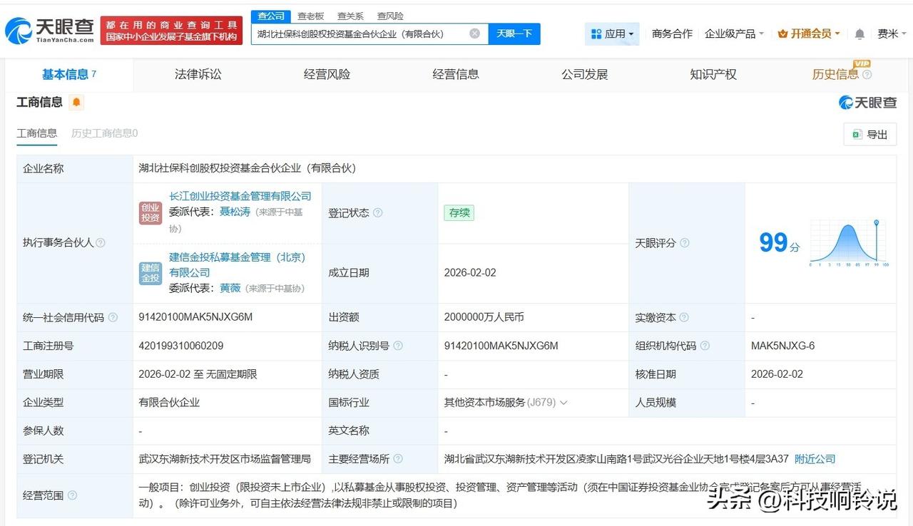 【湖北社保科创股权投资基金登记成立 出资额200亿】
天眼查App显示，近日，湖