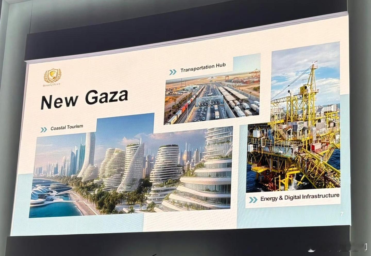 特朗普贤婿库什纳在达沃斯展示加沙的未来畅想图。 