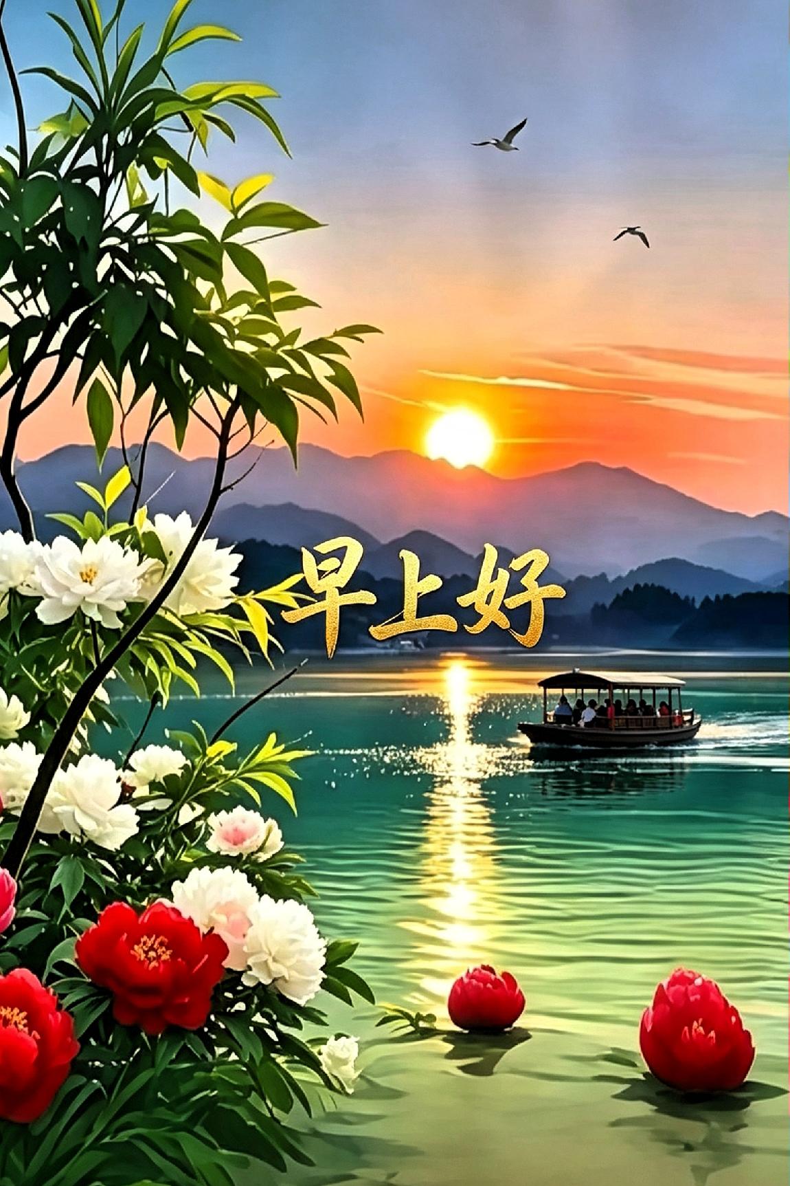《晨湖赏牡丹》

 
落日熔金映浅汀，琼红素艳曳风轻。

粼波漫载游船影，远空斜