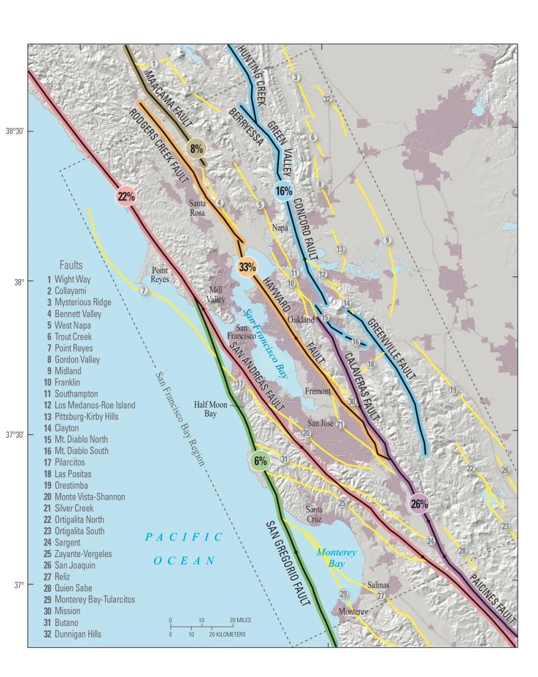 一张图搞清湾区主要的断层分布
最近小地震频发，加上最近的一个项目处在断层上，所以