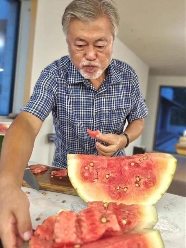 最近韩国前总统文在寅吃西瓜的照片流出！至于这个西瓜，令人一言难尽！猪看了都会摇摇