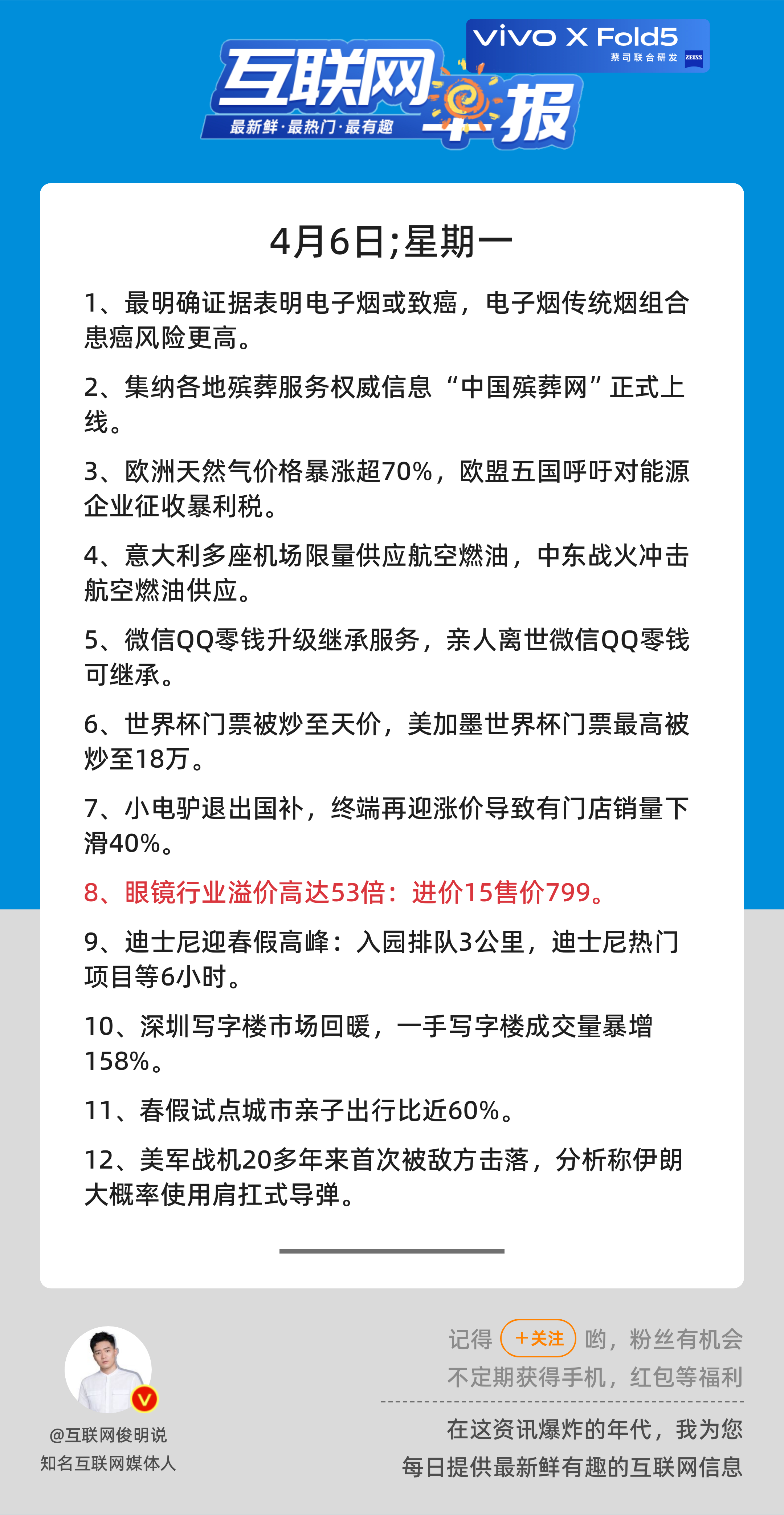 4月6日，星期一，《第3100期》；互联网早报，众览天下事关心第8条：眼镜行业溢
