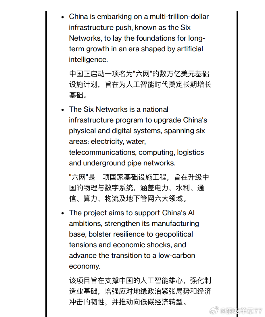 "六网"是一项国家基础设施计划，旨在升级中国庞大的物理和数字系统。该计划预计于 