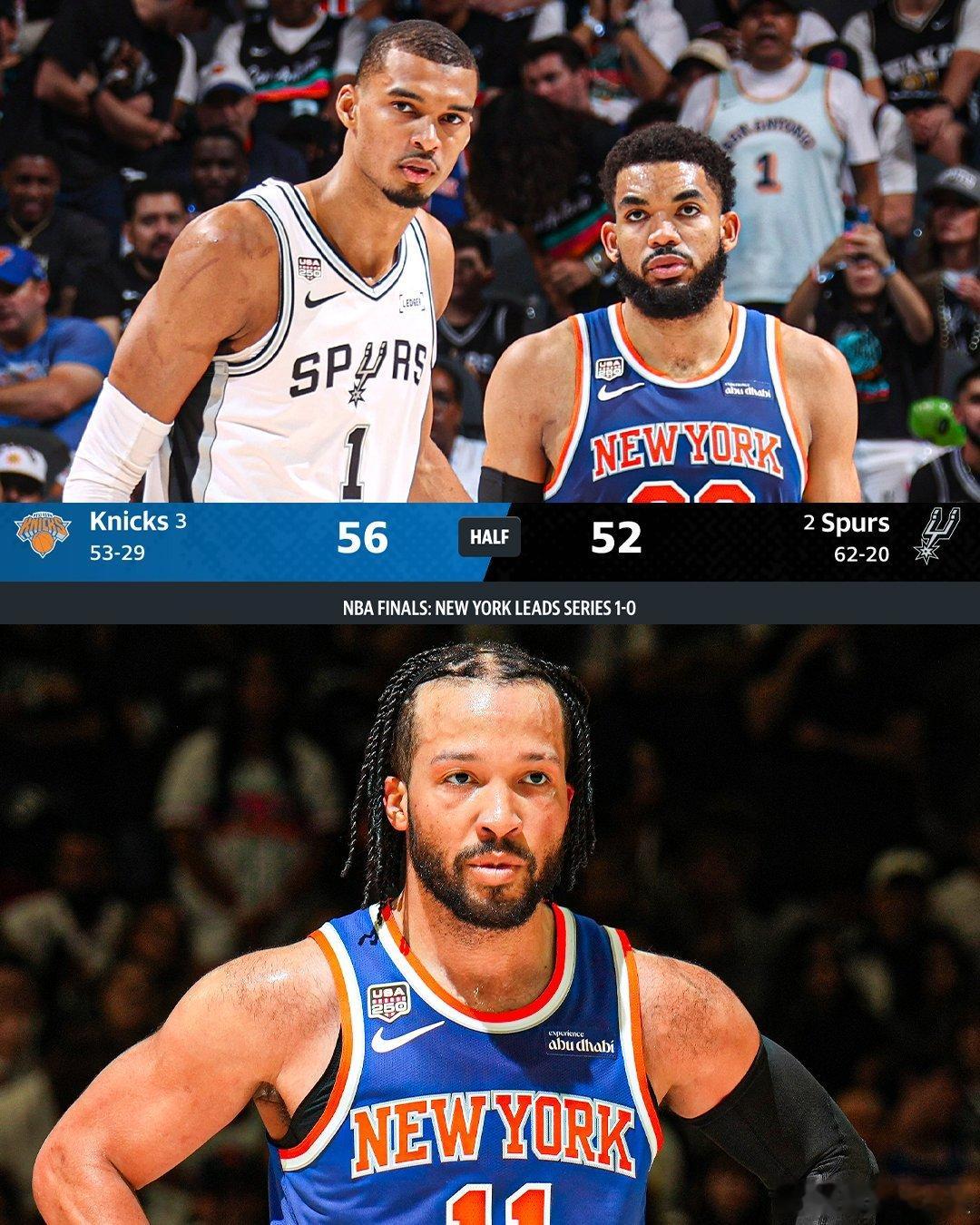 NBA总决赛G2上半场结束，尼克斯 56-52 马刺，领先4分🔵马刺队🔸尚帕