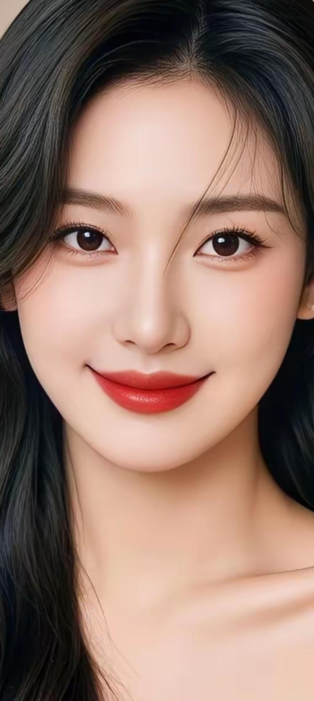 温柔甜美的微笑，红唇与黑发相得益彰，散发迷人魅力！💄💍✨
