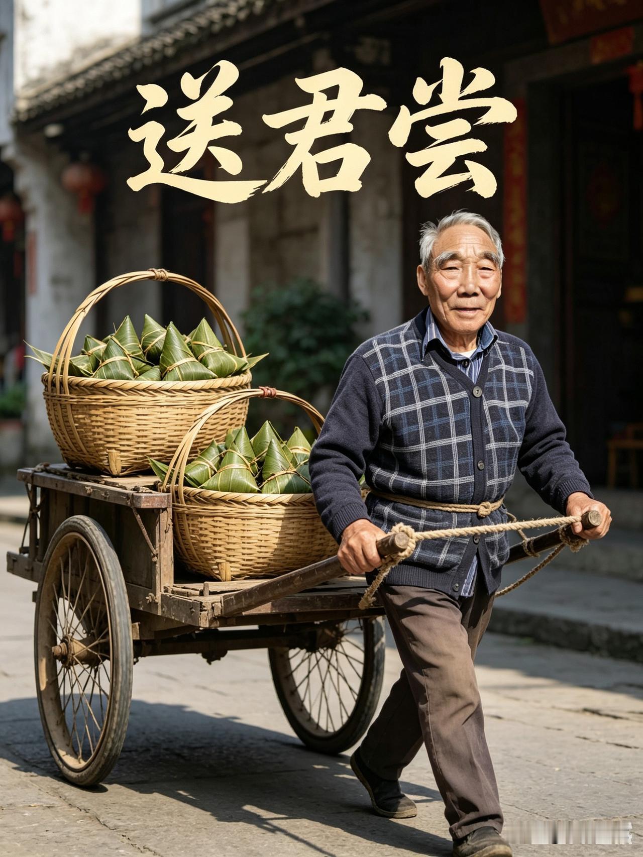 端午送粽子
文/滨城老龙
玉粽新包枣肉香
马莲清叶裹柔霜
双筐满载驱车马
一路清