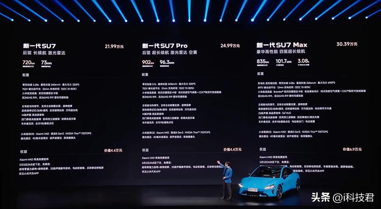 SU7：21.99万元
SU7 Pro：24.99万元
SU7 Max：30.3