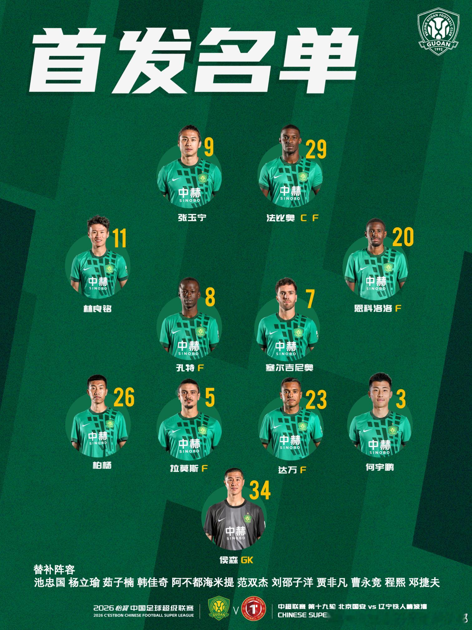 💚 北京国安今日首发💪 期待延续胜利势头🔰我们一起战斗！北京国安中超联赛