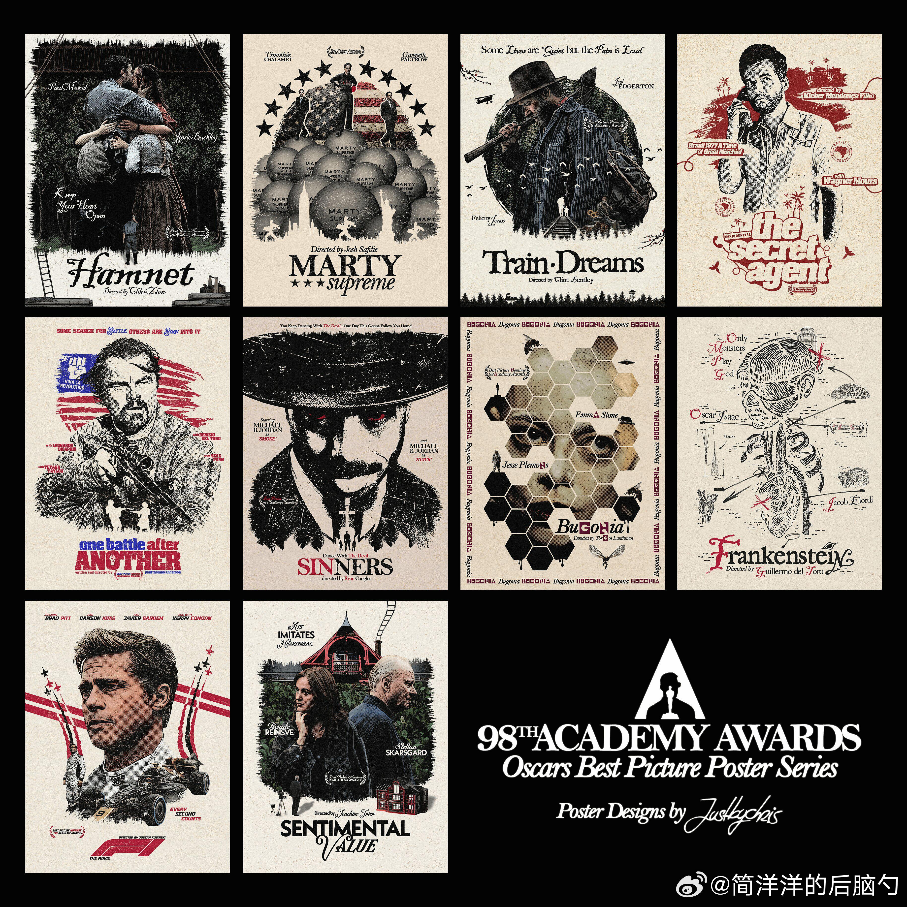 还有一些各种风格的奥斯卡最佳影片入围海报合集，每一版都风格十足，喜欢图1的复古录