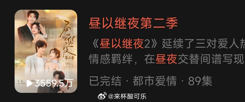 《昼以继夜2》上线第九天数据播放量3559.5万📈94.8万 