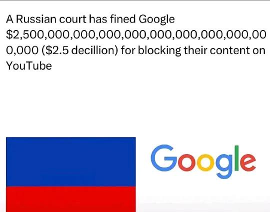 近日人类史上最大罚款单出现了，数字令人震惊！

俄罗斯对美国企业出重拳了，对谷歌