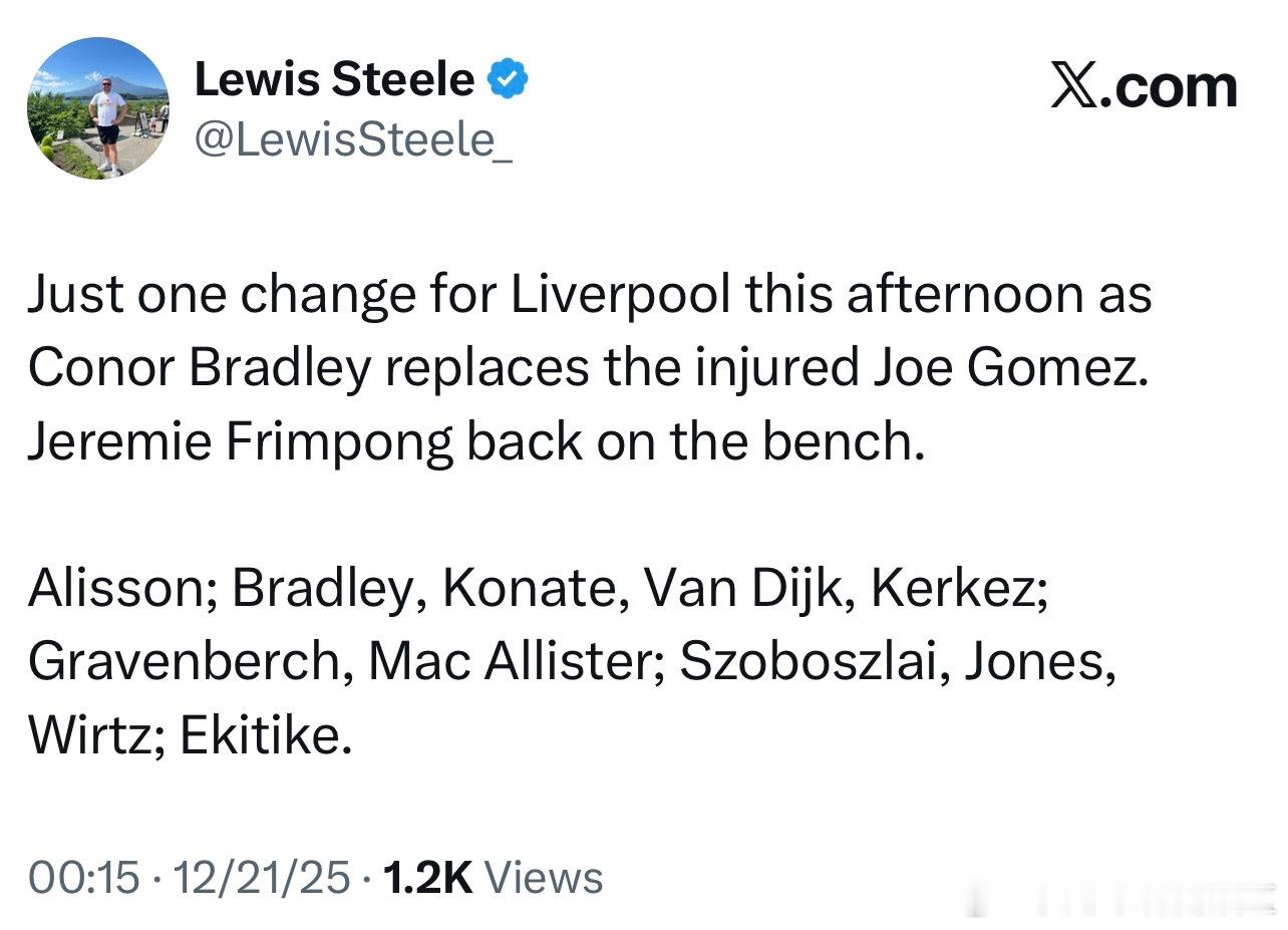 首发阵容和上场相比只变了一个地方，布拉德利顶替戈麦斯首发。弗林蓬在替补席 