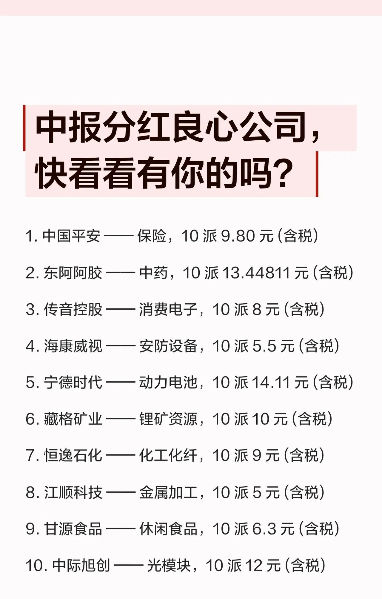 【中报分红良心公司盘点🧧】快看看有你的票吗？

A股中报分红名单来了！整理了5