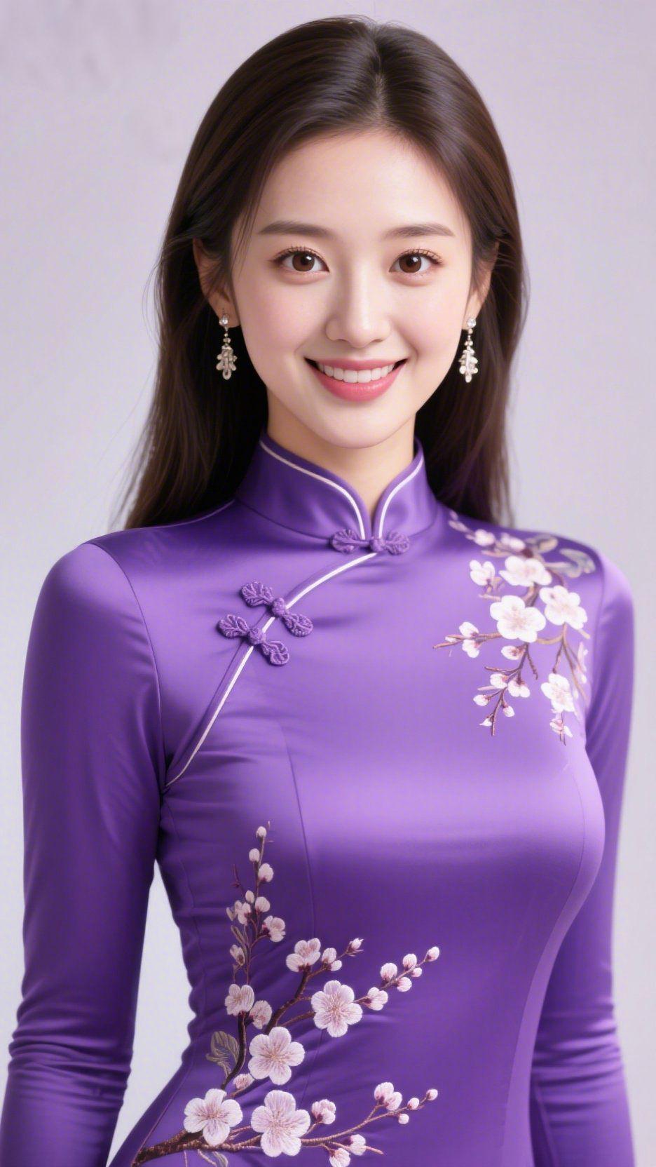 紫衣裹春温
 
浅光携柔雾漫开时，这抹紫浸在了春的温雅里。
 
旗袍领口盘扣缀着