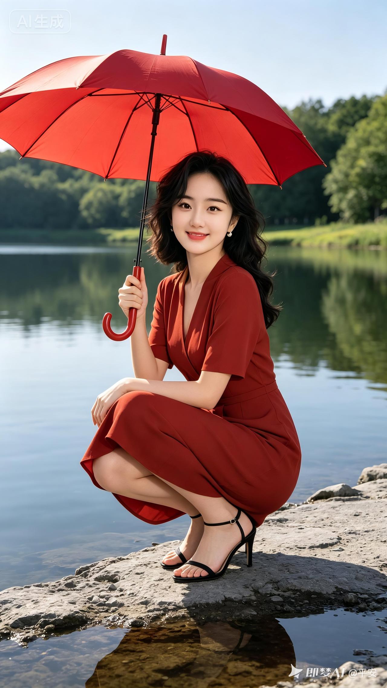 红伞湖光
丹伞轻持石畔宁，红裳袅袅映澄泓。
平湖澹澹铺瑶镜，远树莽莽列翠琼。
笑