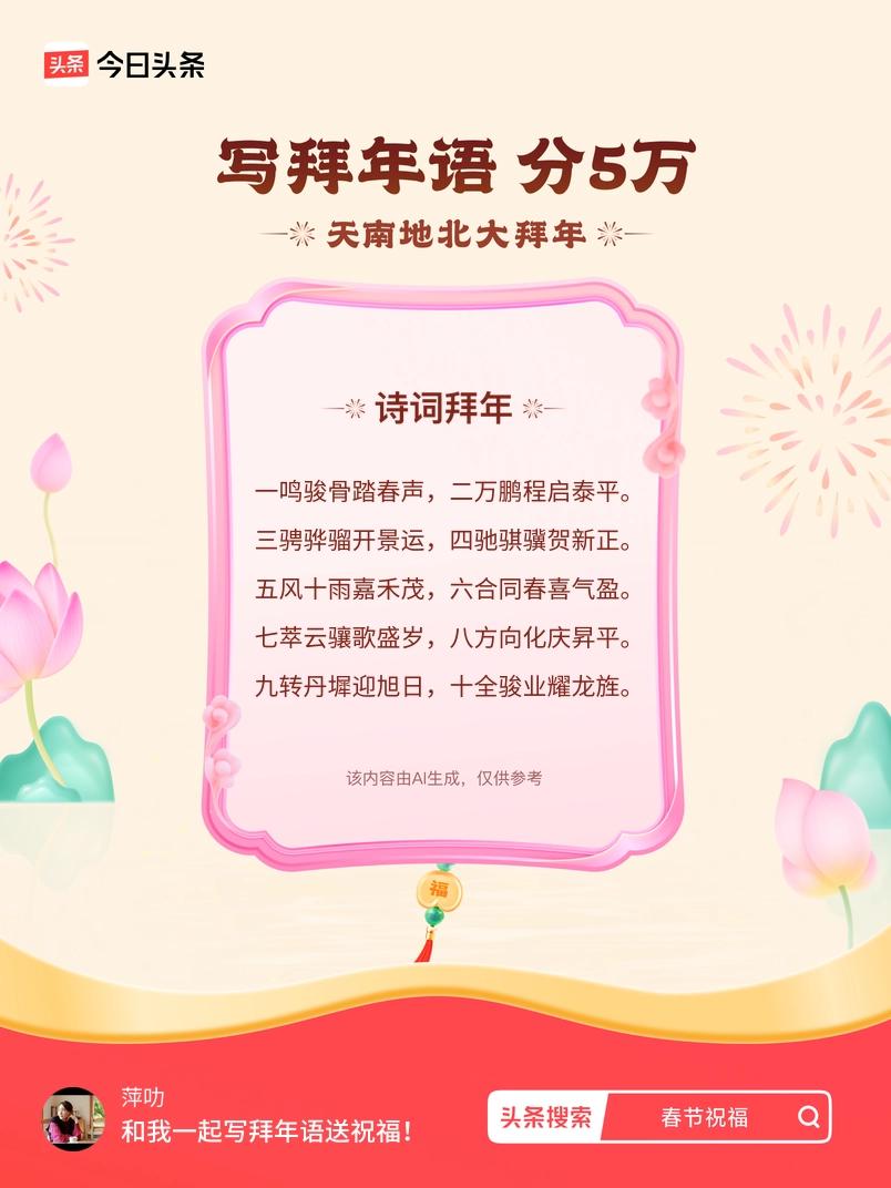 写拜年语送祝福新春拜年送祝福！我的祝福是：“一鸣骏骨踏春声，二万鹏程启泰平。三骋