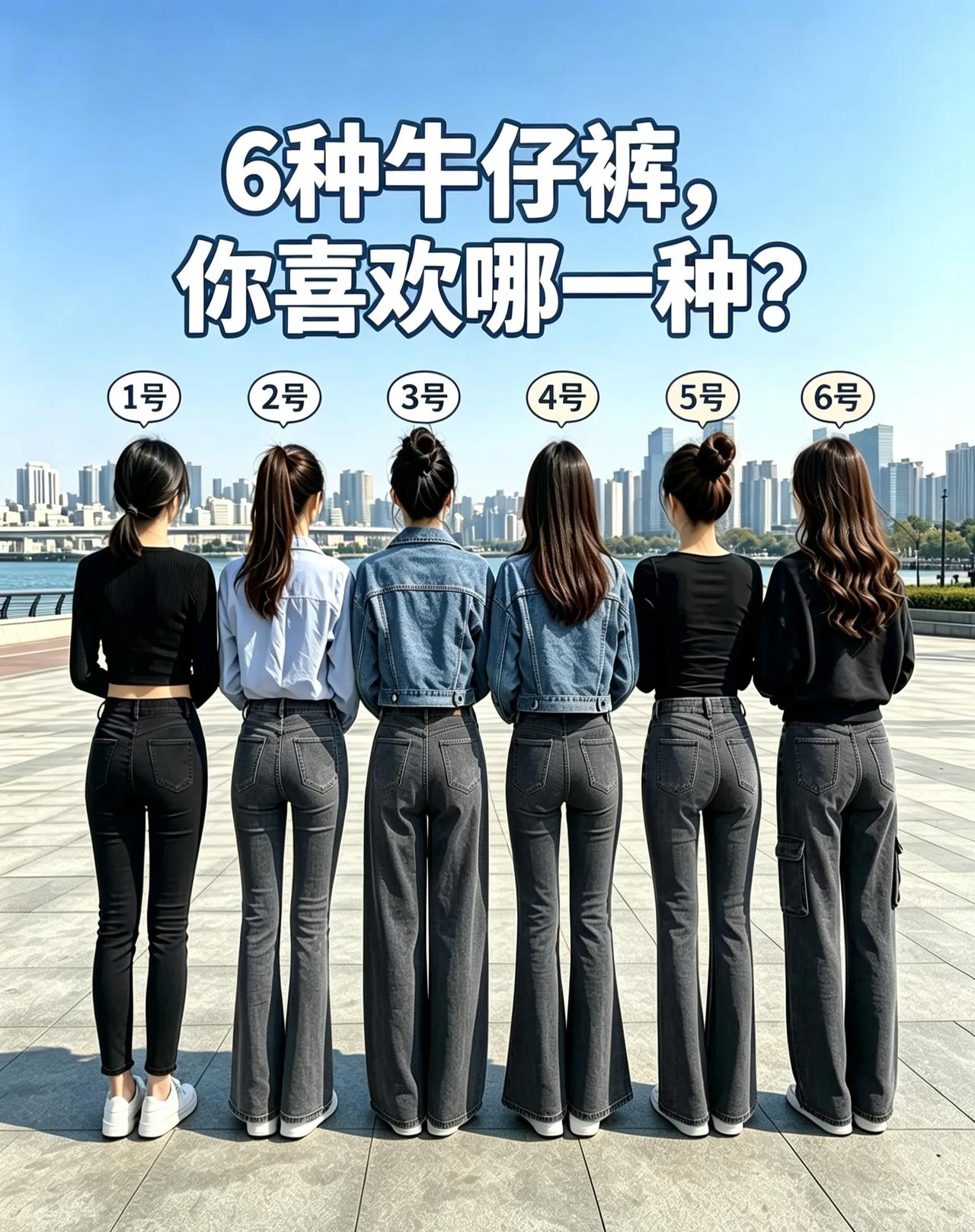 一群美女穿的不同款式的牛仔裤你觉得哪个最好看，我个人觉得四号的牛仔裤最好看。
 