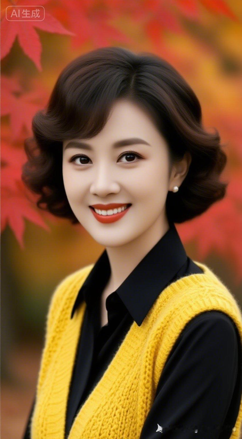 秋日暖阳下的优雅微笑，黄色毛衣与黑衬衫的完美搭配，尽显温柔与知性。