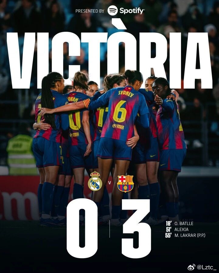 赛季五杀！巴萨女足联赛3比0皇马背靠背完胜足球 ▼西班牙女足超级联赛第24轮比赛