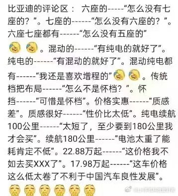 目前比亚迪在网络上遇到的舆论，这个网友的评论一针见血，真是每一款车都有这些评论。
