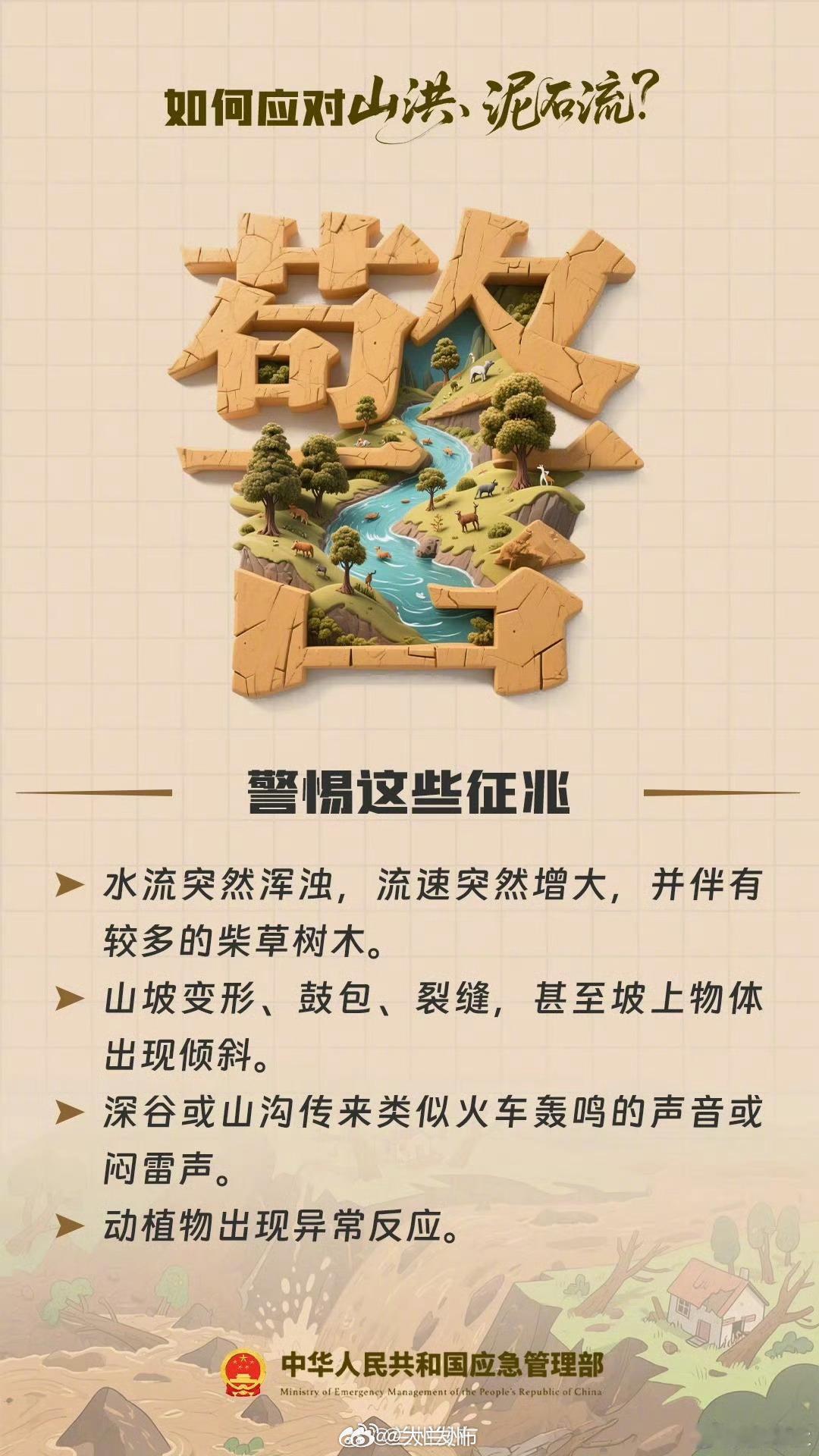 【周知~山洪泥石流实用应对指南】强降雨天气容易引发山洪、泥石流等灾害，突发性强、