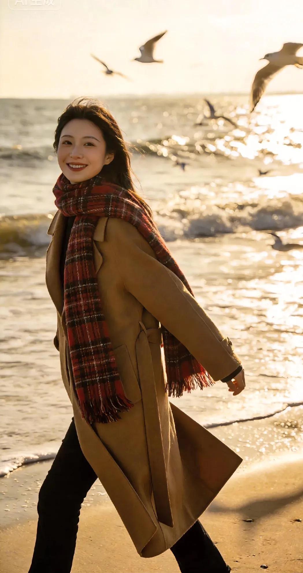 踩着沙滩的细碎暖意，任海风卷着咸湿气息拂过发梢。驼色大衣裹着深秋的慵懒，红格围巾