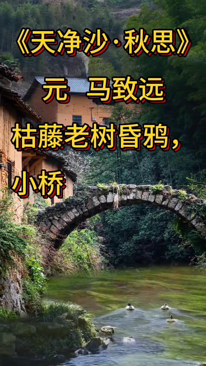 《天净沙·秋思》
元马致远。
枯藤老树昏鸦，小桥流水人家，古道西风瘦马。
夕阳西