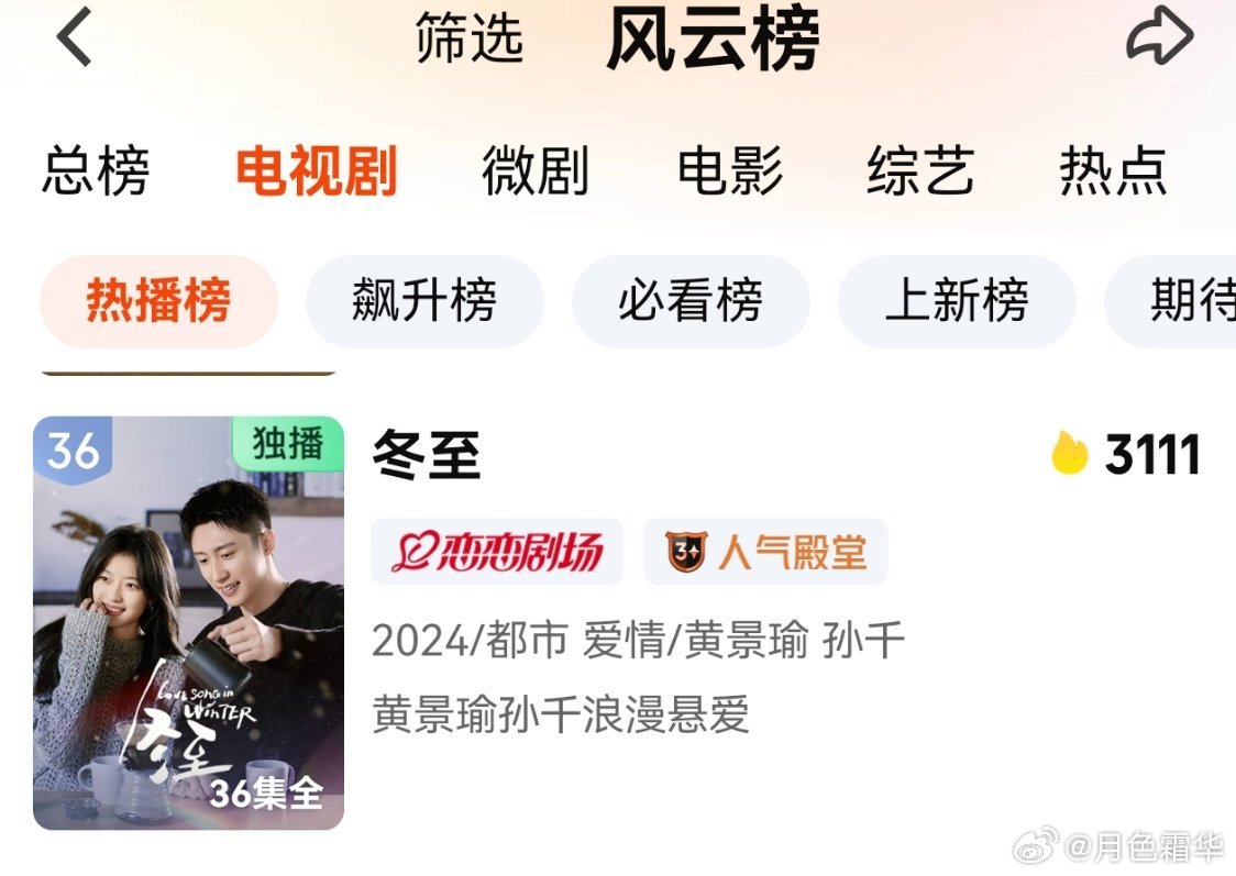 今年的赢家的剧其实是《冬至》，上了星，成绩相当顶，男主剧播完女主剧播，男主剧播了