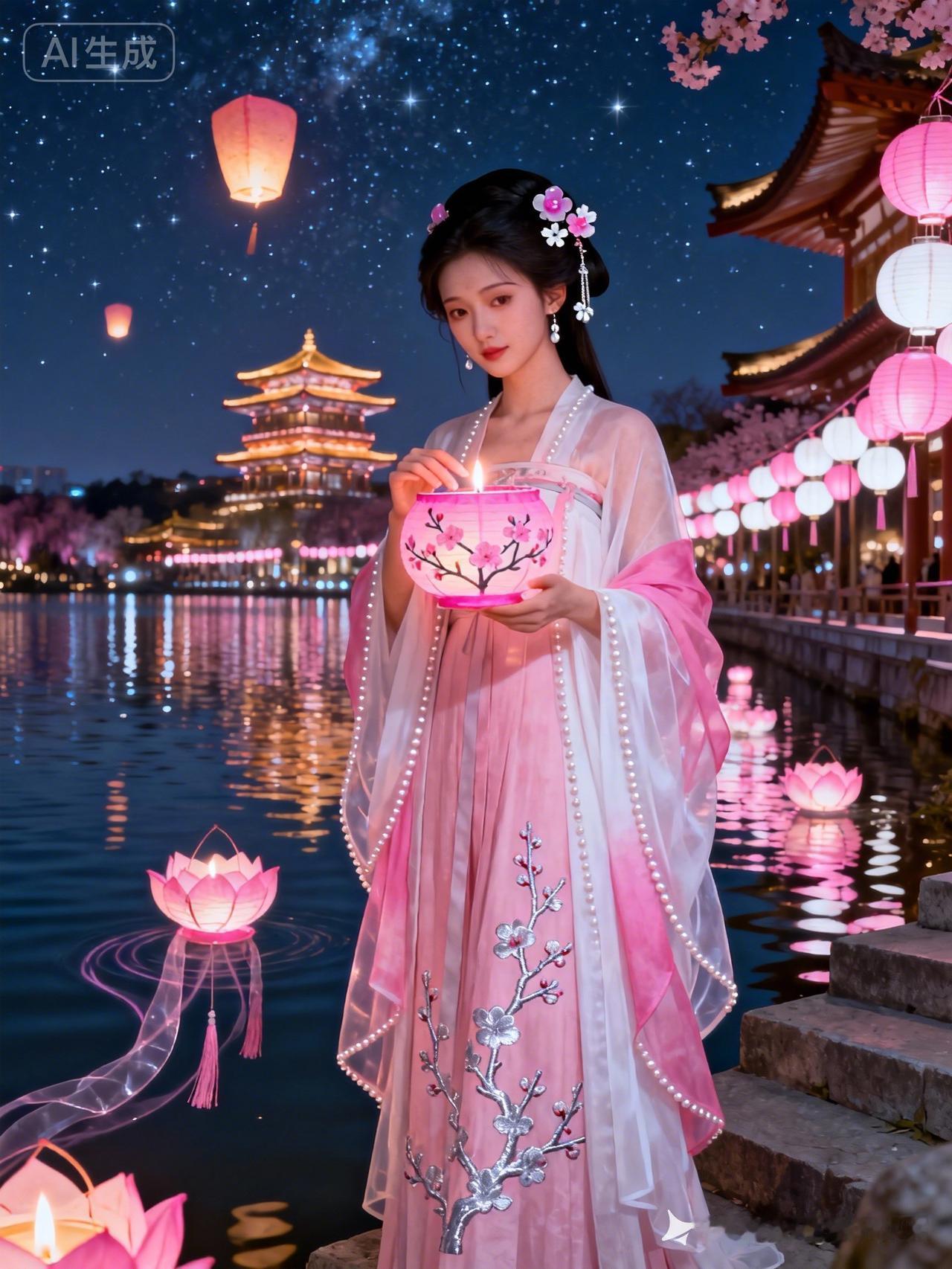 元宵曲江夜色清柔，闺秀立于临水石阶，粉襦银梅纹样雅致，渐变披帛缀珠轻扬，玉步摇映