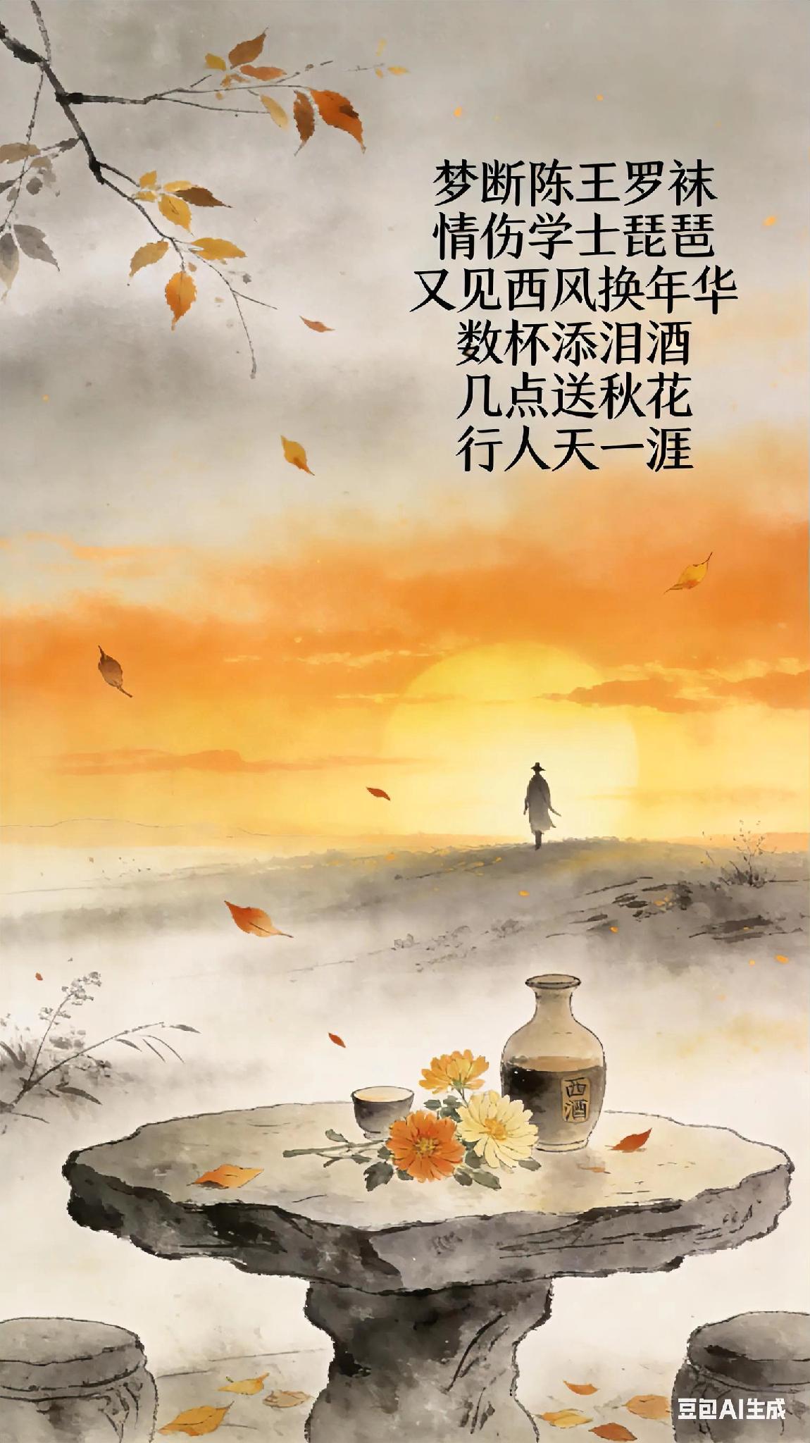 《中吕》红绣鞋晚秋、李致远。
梦断陈王罗袜，
情伤学士琵琶。
又见西风换年华。