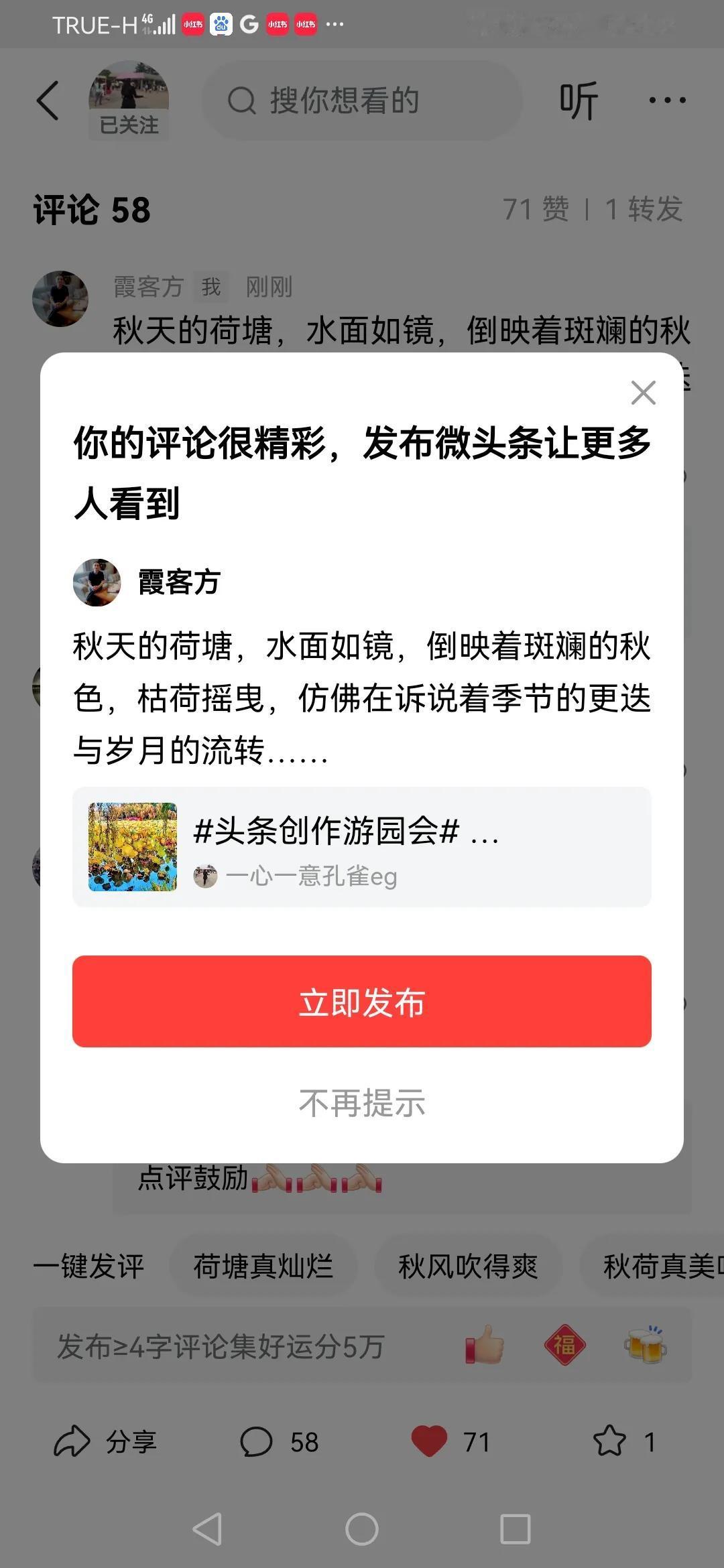 ◎◎秋天的荷塘，水面如镜，倒映着斑斓的秋色，枯荷摇曳，仿佛在诉说着季节的更迭与岁