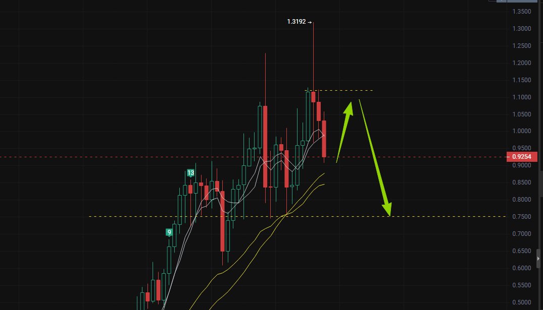 区块链  CYS短期下行趋势确立，反抽1-1.1可以看空到0.76附近支撑，围绕