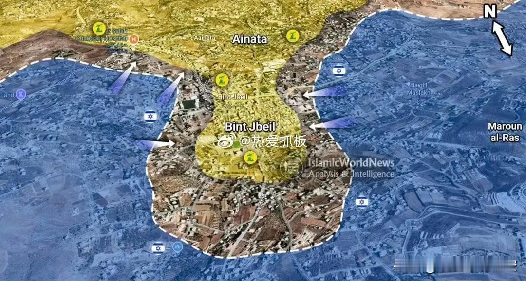 你看这黎巴嫩南部的宾特朱拜勒，虽然被以军三面包围，但真主党居然还牢牢控制着。
