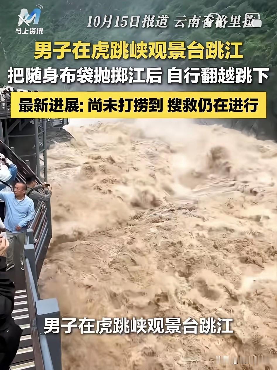 一男子在香格里拉虎跳峡跳江，这一幕看的人心里真是太不是滋味了。
10月12日下午