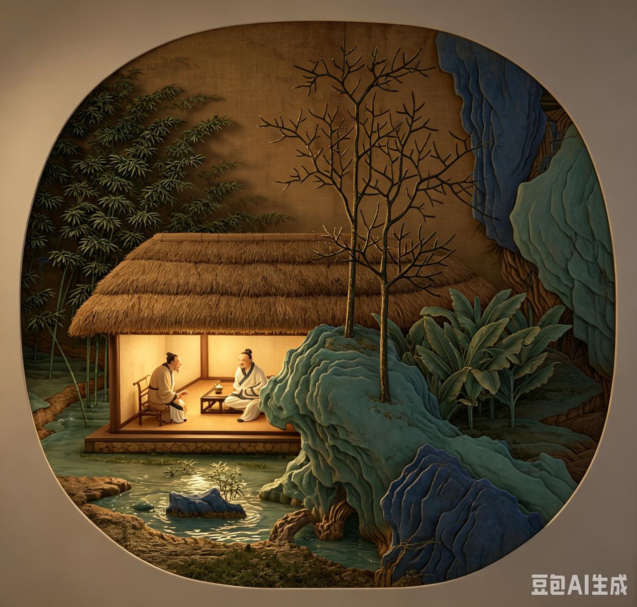 一屋两人，山水为邻，躲进茅草屋，连风都是凉的！（宋 佚名《草堂消夏图》AI复原图