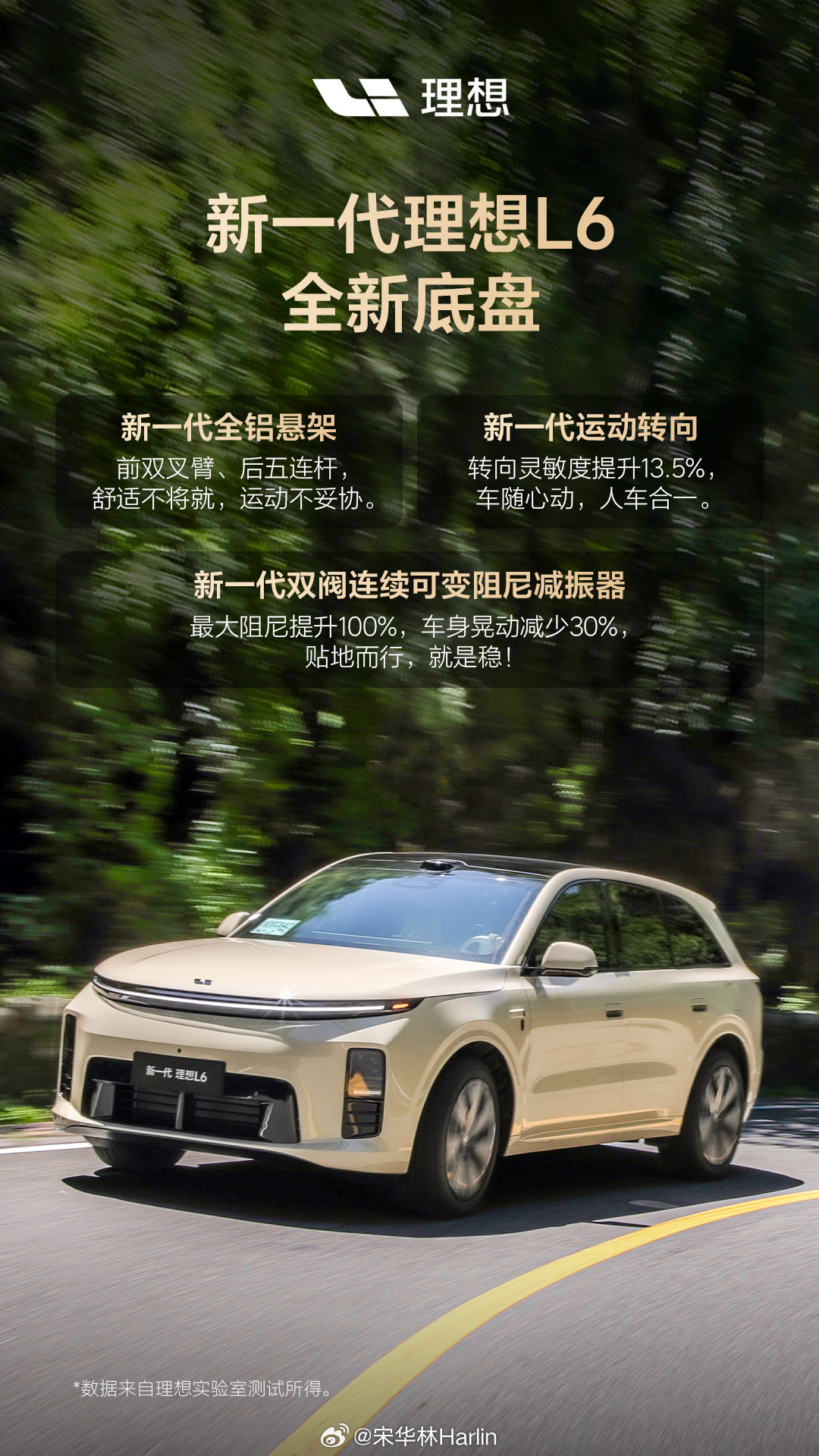 今天理想汽车官方发布新一代理想L6的底盘升级亮点，包括:1、新一代全铝悬架：前双