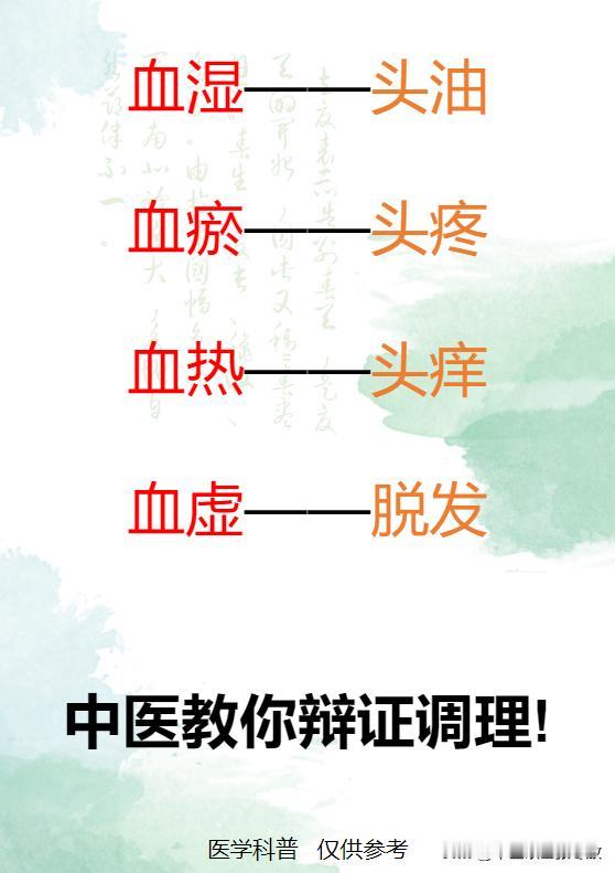 血湿头油，血瘀头痛，血热头痒，血虚脱发，中医教你如何辩证调理

发为血之余，需要