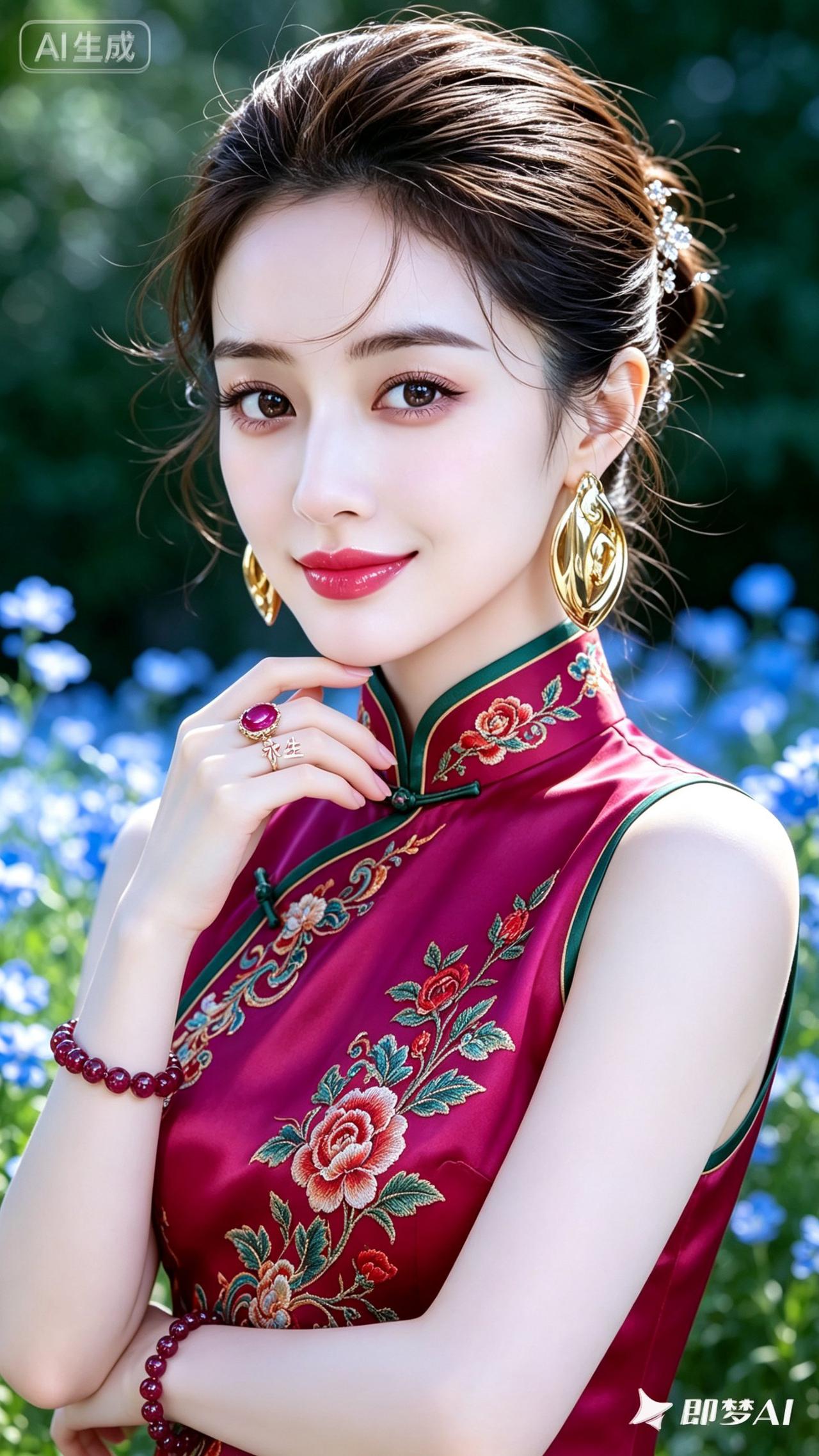 这位美女穿着旗袍，在花丛中拍照。