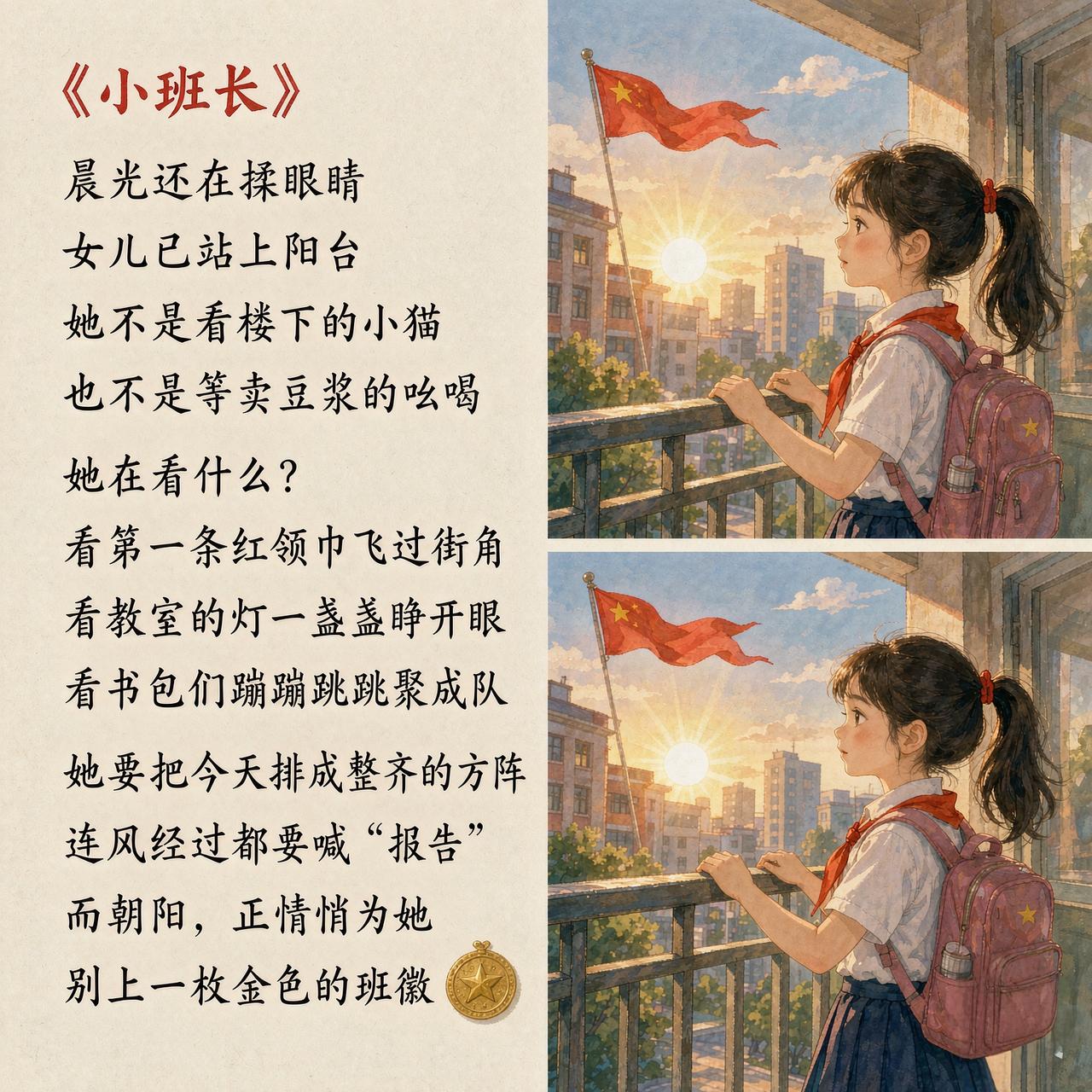 晨光还在揉眼睛

女儿已站上阳台

她不是看楼下的小猫

也不是等卖豆浆的吆喝